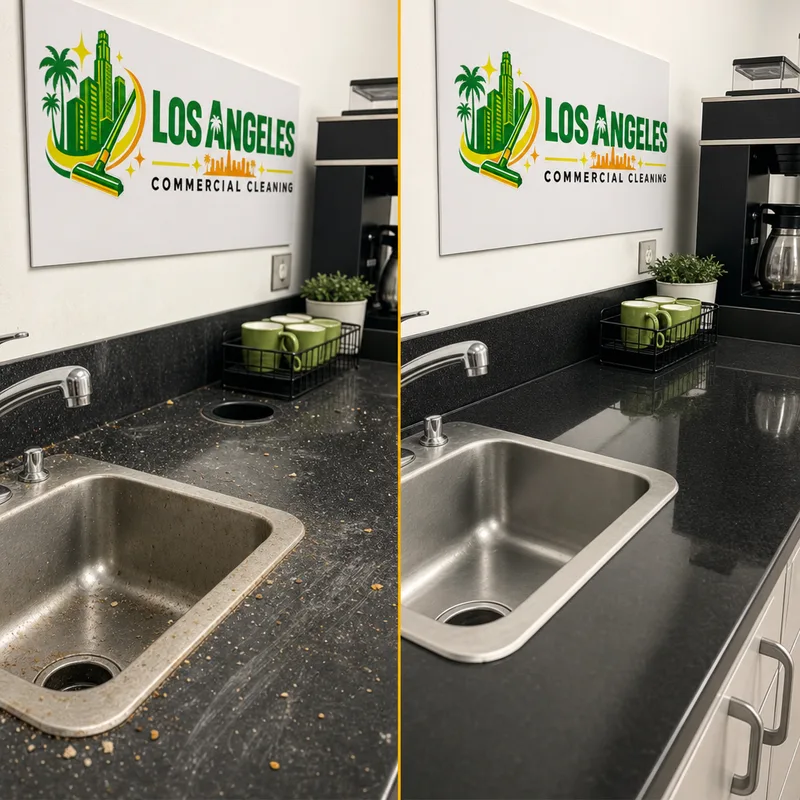 Before-and-after view of a commercial breakroom counter and sink area