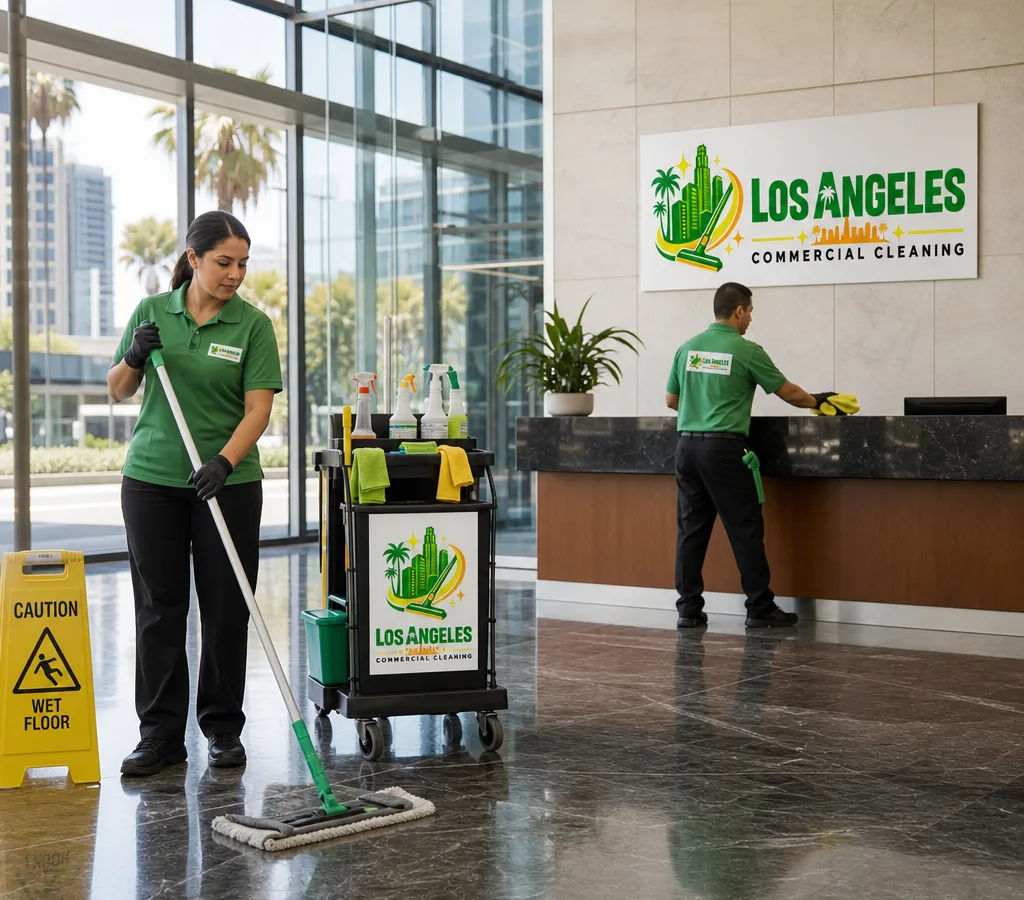 Professional uniformed cleaners servicing a modern Los Angeles office lobby with safety signage, microfiber tools, and an organized cleaning cart
