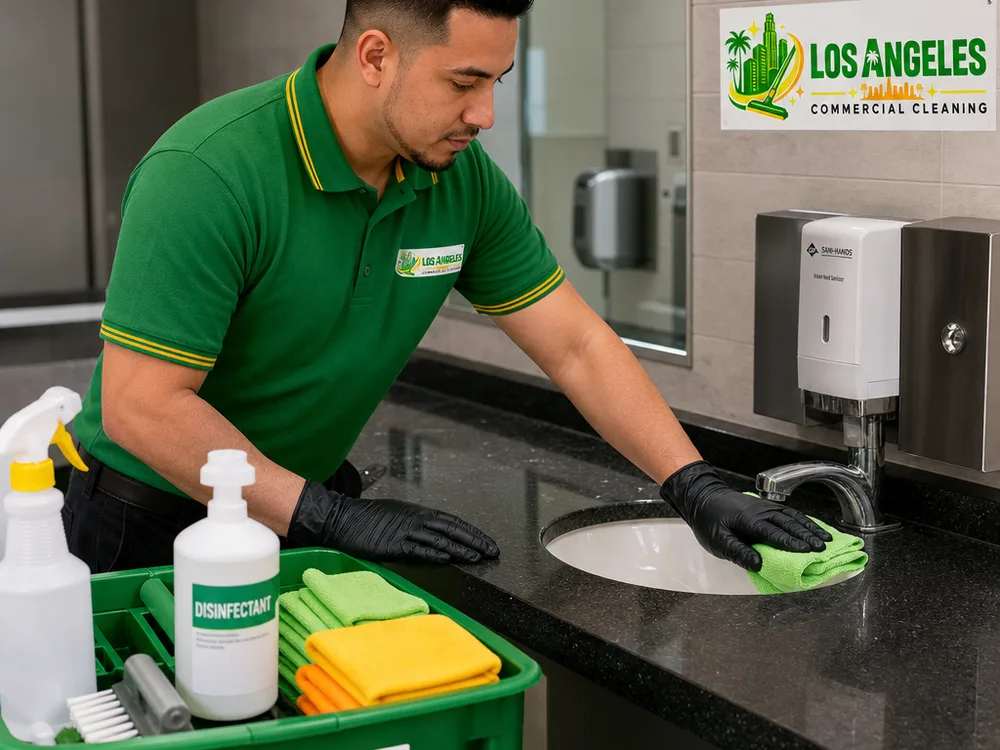 Professional cleaner wearing protective equipment wiping down a commercial restroom sink with color-coded microfiber cloths and labeled disinfectant