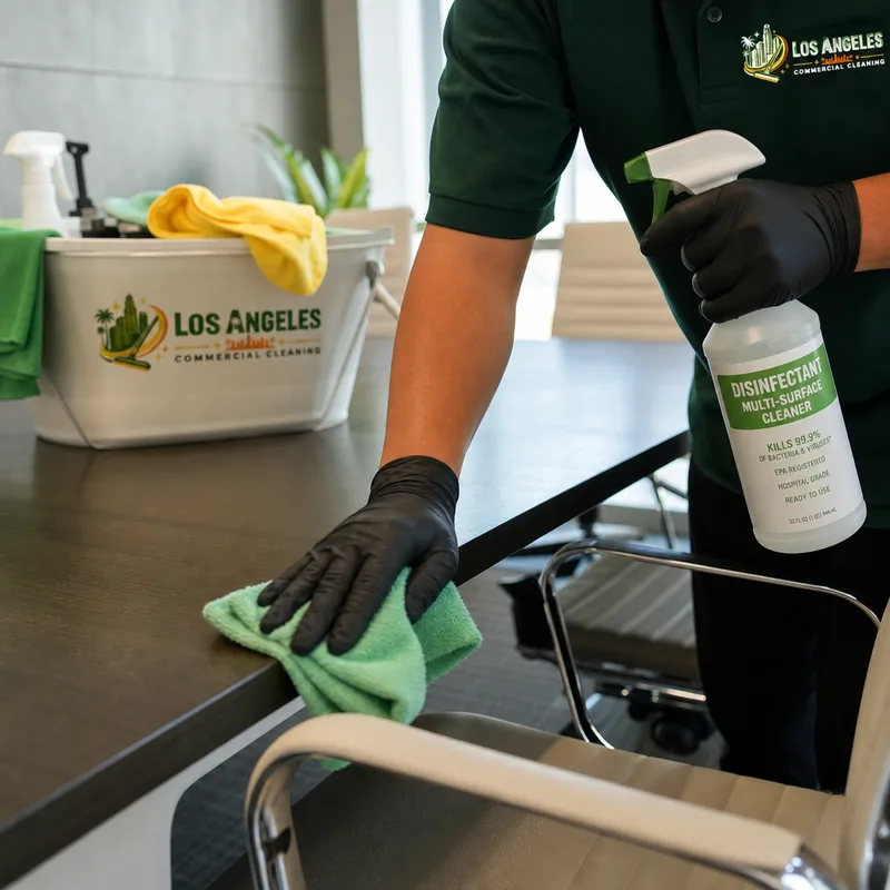 Gloved cleaner disinfecting a conference room table edge and chair arms with labeled products nearby