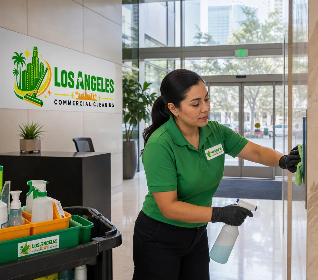 Professional cleaner restocking supplies and disinfecting high-touch points in a modern Los Angeles office lobby