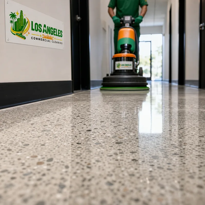 Properly finished hard floor with clean edges and a floor machine in the background of a commercial corridor