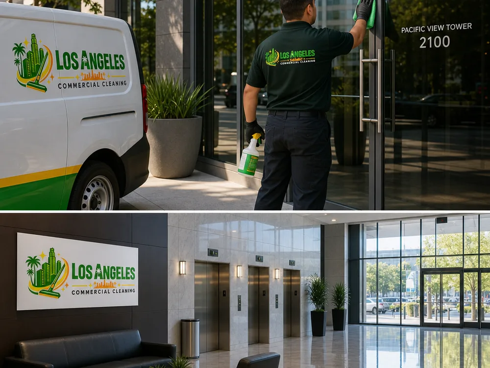 Streak-free glass entry doors and clean lobby touch points after evening janitorial service in a Los Angeles commercial building