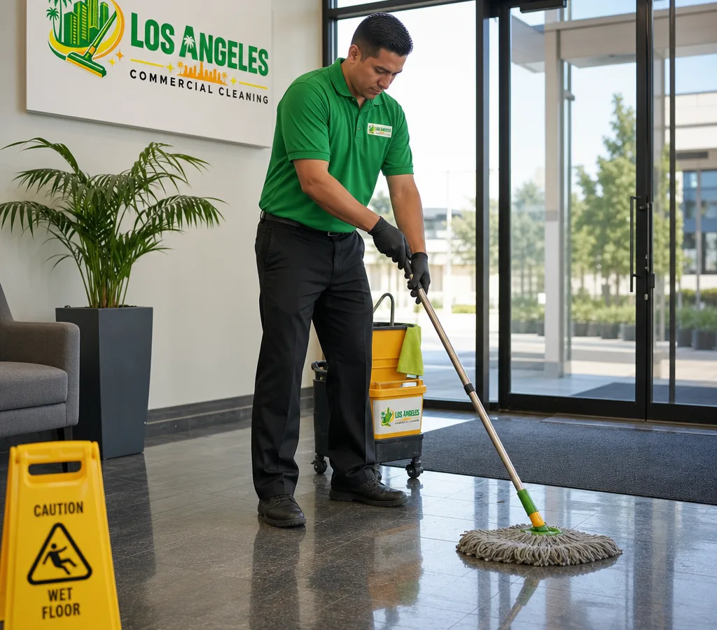 Professional commercial cleaner mopping and detailing a modern Los Angeles office lobby