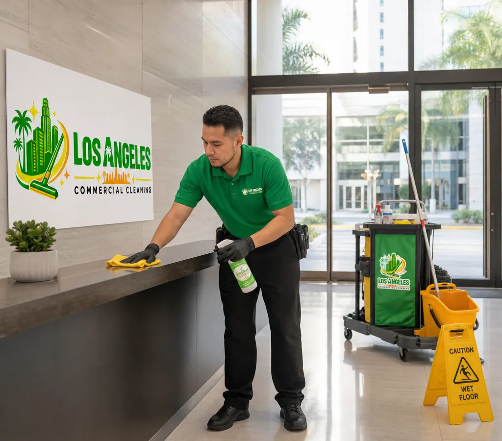 Cleaner disinfecting high-touch surfaces in a modern Los Angeles office lobby with a cleaning cart and caution sign