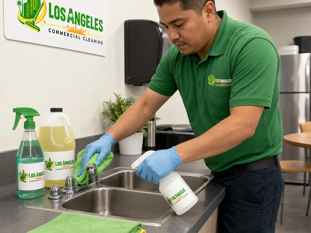 Janitorial technician disinfecting sink handles and wiping counters in a commercial break room