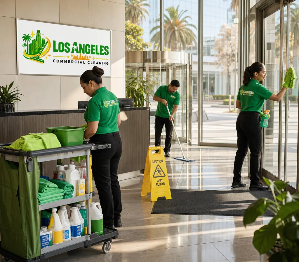 Commercial cleaning crew restocking supplies and cleaning a modern Los Angeles office lobby