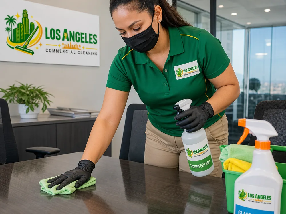 Cleaner disinfecting a conference table, chair arms, and light switches with labeled supplies and microfiber cloths