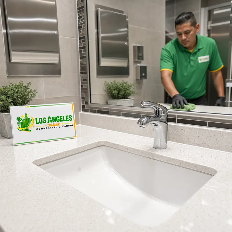 Clean commercial restroom vanity with a streak-free mirror, polished fixtures, and clean grout lines