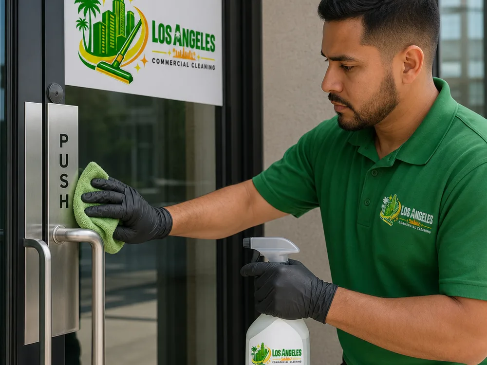 Cleaner disinfecting a commercial entrance door handle and push plate with a labeled bottle and microfiber cloth