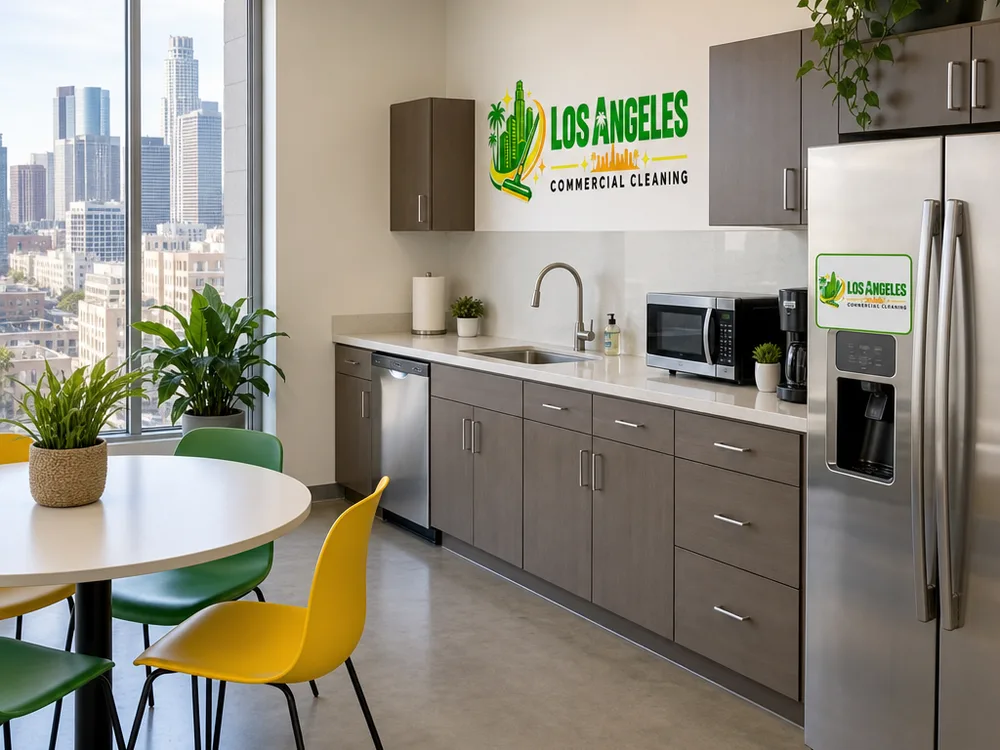 Freshly cleaned office break room with wiped counters, clean sink, and stainless appliance exteriors