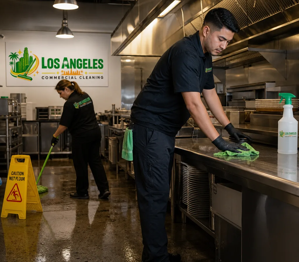 After-hours restaurant cleaning crew sanitizing a Los Angeles commercial kitchen line with stainless prep tables and wet-floor signage