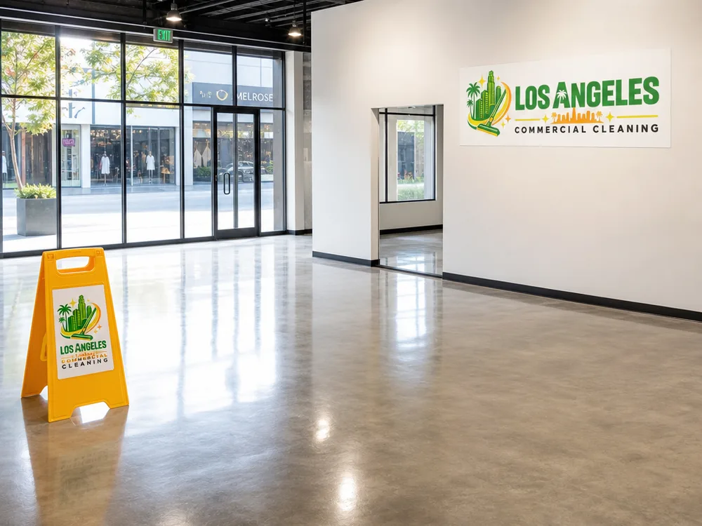 Cleaned retail buildout ready for fixtures and merchandising with streak-free storefront glass and debris-free floors