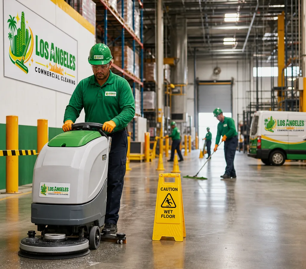 Industrial cleaning crew in PPE cleaning a Los Angeles warehouse aisle with a floor scrubber, safety cones, and a marked work zone