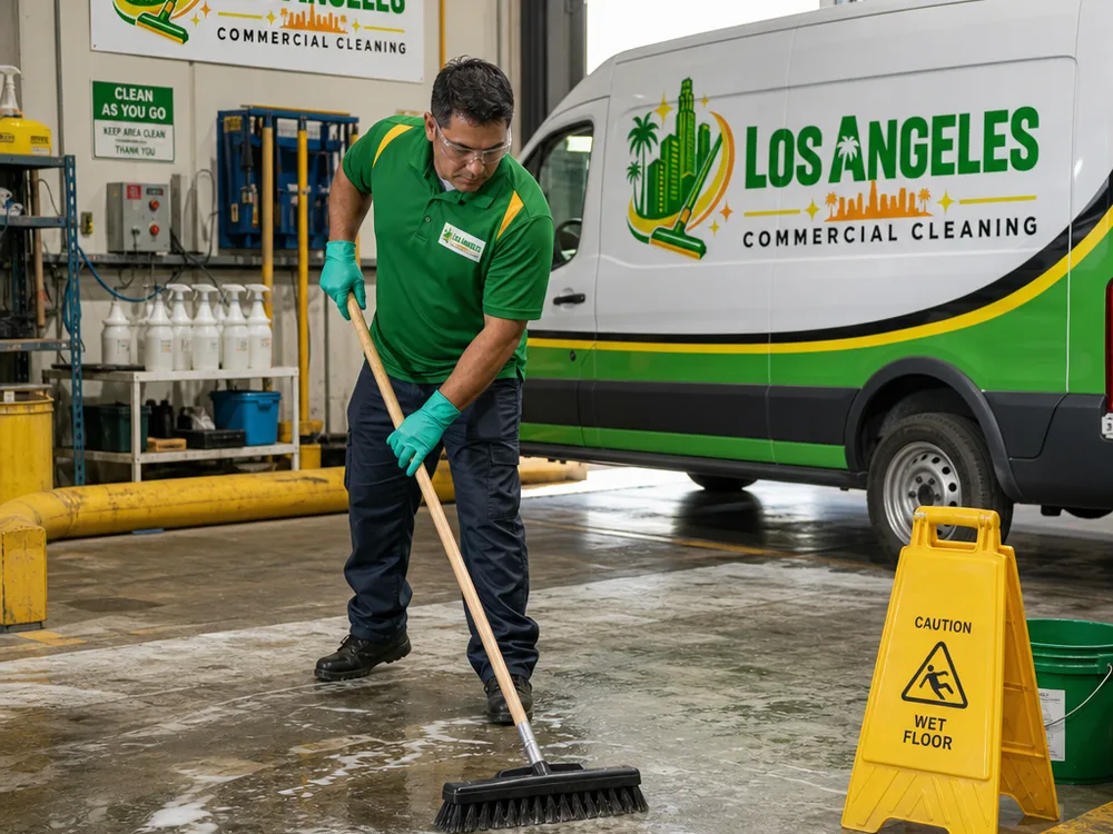 Technician degreasing a concrete floor in a marked maintenance bay with wet floor signage and containment materials
