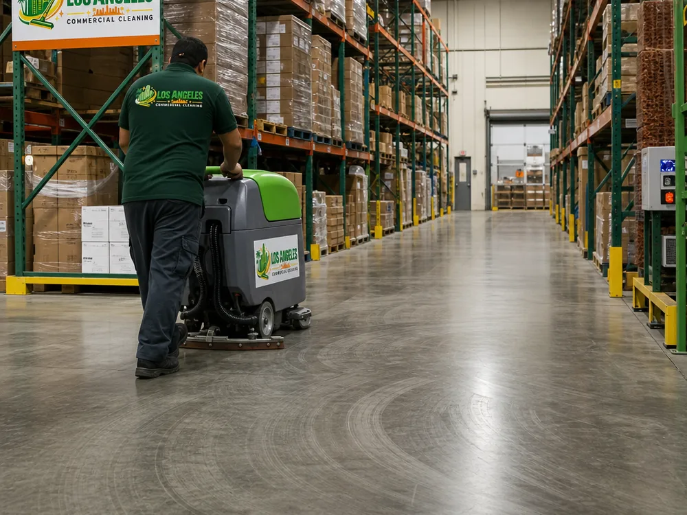 Cleaned warehouse aisle with a visible floor scrub pattern, dry traffic lanes, racking, and pallets in place
